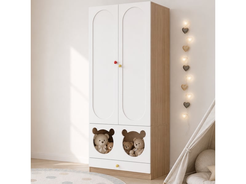  Armoire enfant 80x50x200 cm - 2 portes, penderie, étagères, tiroirs, design ours, blanc et bois  - Conforama D
