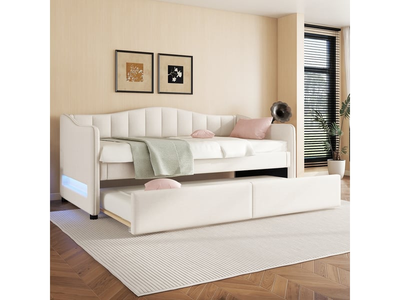  Lit gigogne 90x200 cm - lit simple avec lit tiroir et sommier - lin + mdf - sans matelas - beige  - Conforama E