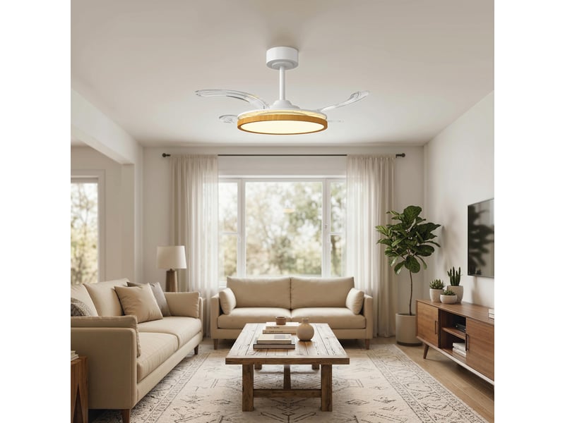  Ventilateur de plafond avec éclairage led, moteur cc 80 w, télécommande réversible, 6 vitesses, minuterie, ø 95 cm, couleur naturelle  - Conforama D