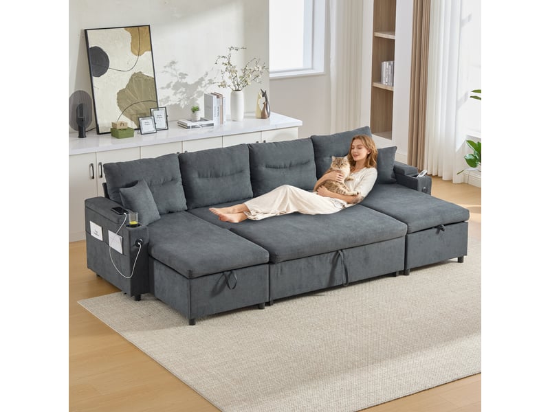  Canapé panoramique convertible en lit 272 cm, 4 places avec double méridienne, rangements, porte-gobelets, usbtype-c, tissu effet lin, gris foncé  - Conforama B