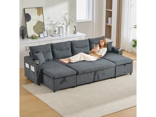 Canapé d'angle panoramique convertible <strong></strong> <strong></strong> 4 places Tissu gris avec coffre de rangement