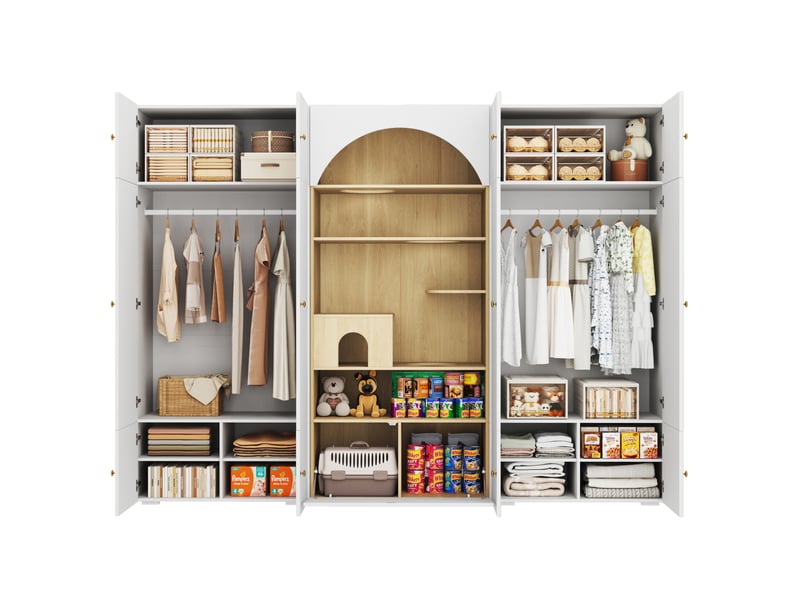 Armoire tcqpz 3 en 1 270 x 50 x 200 cm avec penderie, rangement et espace pour félins blanc effet bois  - Conforama A