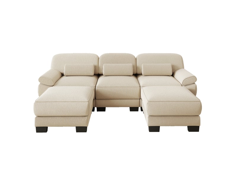 Canapé modulable en u 3 places 265x161x94 cm avec 2 poufs, assise profonde, coussin lombaire épais, velours côtelé beige - Conforama A