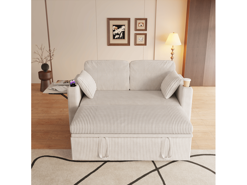 Canapé convertible 2 places avec dossier réglable, porte-gobelets et usb en velours côtelé blanc 145 × 72 × 85,5 cm - Conforama E