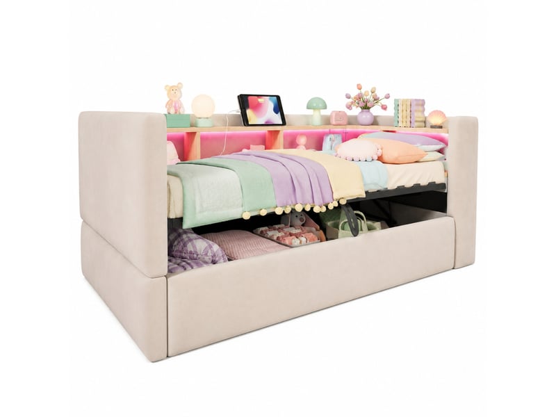  Lit coffre enfant, 90x190 cm, avec led intégrée, plusieurs espaces de rangement, clair, tissu et velours, coloris gris  - Conforama A