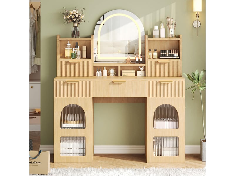 Grande coiffeuse chambre coucher éclairage led miroir 3 tiroirs 2 armoires vitrées étagères bois - Conforama B