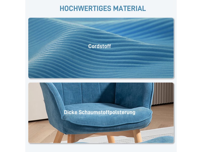  Fauteuil à oreilles avec repose-pieds 72x80x101cm – haut capitonnée et pieds en bois –  velours côtelé - bleu  - Conforama E