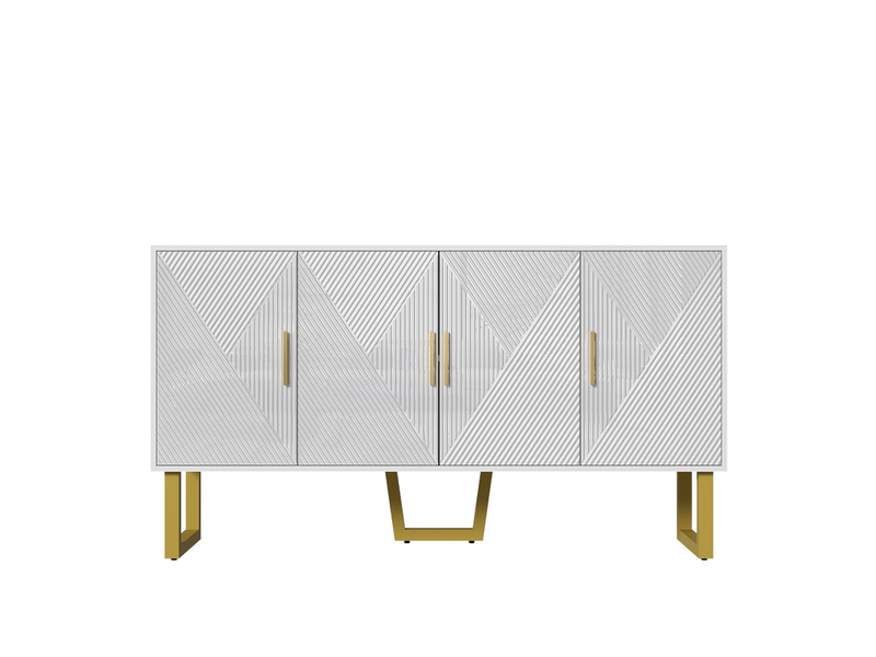 Buffet cuisine blanc, avec 4 portes brillantes, étagères réglables et poignées dorées, 150 x 40 x 82 cm, armoire pour salon  - Conforama A