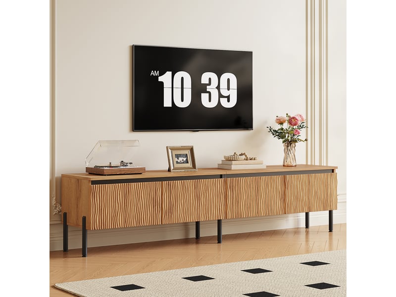 Meuble tv 180x35x43 cm - meuble bas avec 4 portes ondulées, rangement fermé, passe-câbles, pieds en métal, structure en pb et mdf - Conforama B
