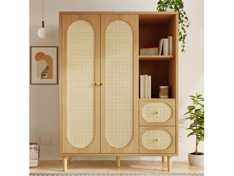  Armoire penderie 120x48x161 cm – chêne – 2 portes, 2 tiroirs, étagères ouvertes avec tringle en bois  - Conforama E