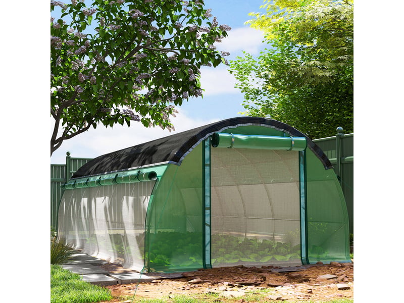  Serre tunnel de 6 x 3 x 2 m avec filet de protection solaire, parois latérales enroulables, bâche en plastique, structure en acier, verte  - Conforama D