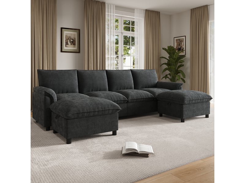 Canapé d'angle, canapé modulable – avec repose-pieds, noir, forme u, 264,5 cm, style cloud - Conforama E