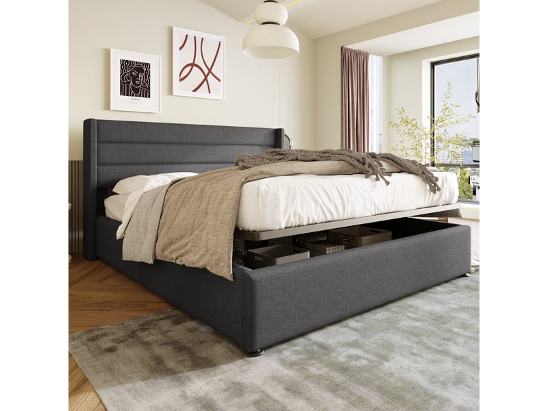  Lit coffre hydraulique 180x200 cm en lin avec rangement, lit double capitonné avec tête de lit rembourrée, sommier à lattes relevable, gris  - Conforama D