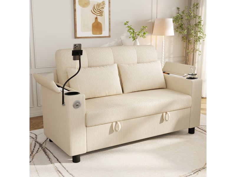 Canapé 2 places avec coffre 136,5x79,5x83,6 cm, rangements d’accoudoirs, 2 porte-gobelets, usbtype-c, support téléphone, velours côtelé beige - Conforama C
