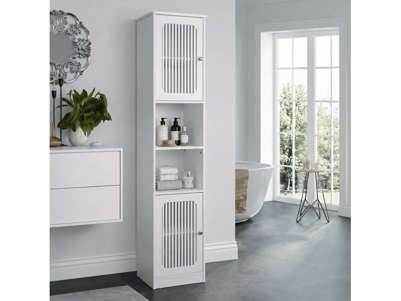  Armoire de salle de bain avec 2 portes persiennes, 2 niches et étagères réglables, blanche, 36 × 30 × 163 cm  - Conforama B