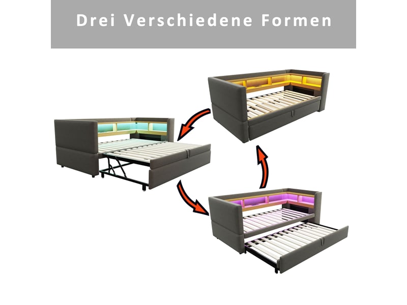  Lit banquette rembourré extensible 90x190 à 180x190 cm avec rangements, led multicolore, prises électriques, sommier à 24 lattes, flanelle gris foncé Radiant Stride - Conforama E