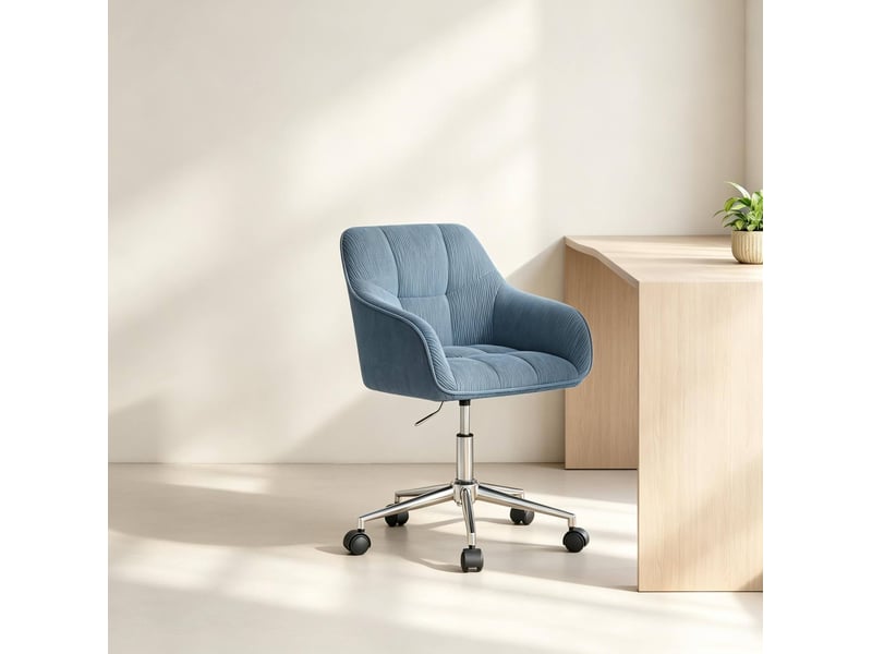  Chaise de bureau pivotante avec accoudoirs fixes, hauteur réglable et roulettes en velours côtelé bleu  - Conforama B