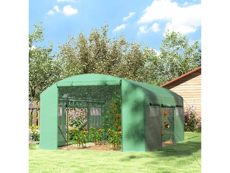 Serre tunnel de 4 x 3 x 2 m avec 6 fenêtres, 3 portes sectionnelles, couverture en polyéthylène et structure en acier galvanisé vert - Conforama D