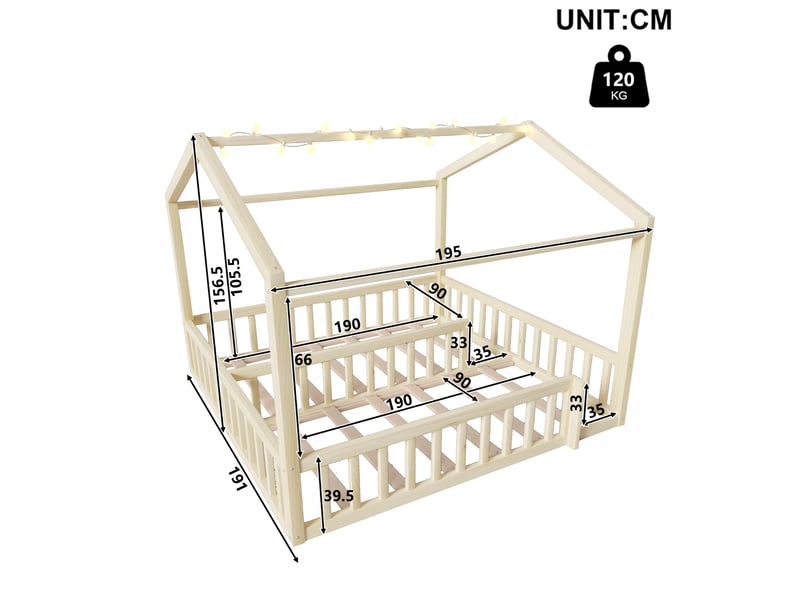 Lit cabane enfant 90 x 190 cm x2 180 x 190 cm effet bois naturel, séparable en 2 lits, led, barrières, pin massif et mdf, style minimaliste  - Conforama E