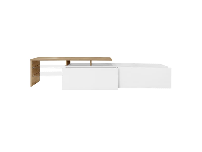  Meuble tv blanc brillant – finition bois – 4 plateaux en verre – éclairage led – grand rangement  - Conforama A