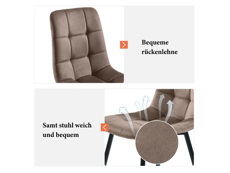  Lot de 4 chaises salle à manger velours marron, dossier et structure métal – design chic moderne  - Conforama E