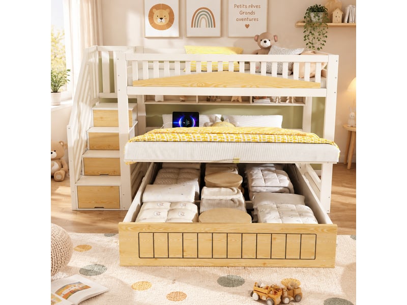  Lit superposé enfant 90x200 + 140x200 cm avec rangement sous lit, escalier coffre et prise usb-c - blanc  - Conforama B