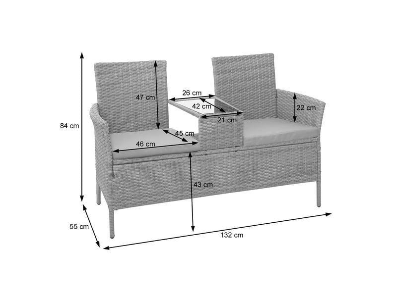  Banc en polyrotin avec table fauteuils chaises de jardin 132cm noir coussin gris foncé 04_0001141  - Conforama D