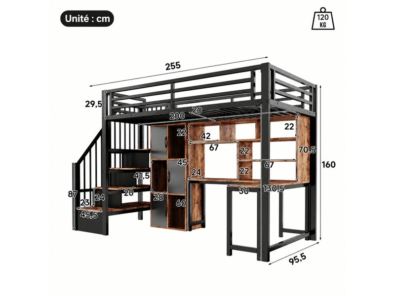  Lit mezzanine 90 x 200 cm avec bureau intégré, rangements et escalier, métal et mdf noir, éclairage led  - Conforama C