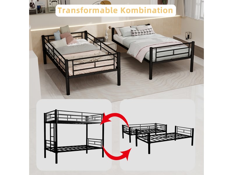 Lit enfant superposé 196,6x97,8x157 cm convertible en 2 lits, structure métal, échelle antiglisse, noir, sans matelas - Conforama D