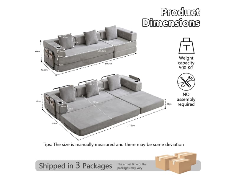  Canapé-lit convertible 277.5x92.5x60 cm 3 places velours côtelé gris clair sans matelas  - Conforama E