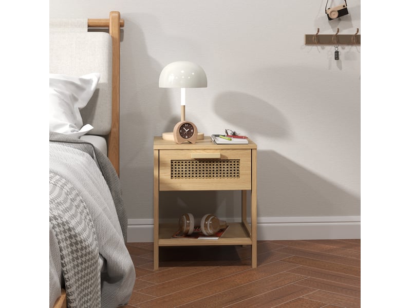  Table de chevet en bois naturel avec tiroir et niche ouverte design rotin 40 x 40 x 48,4 cm  - Conforama C