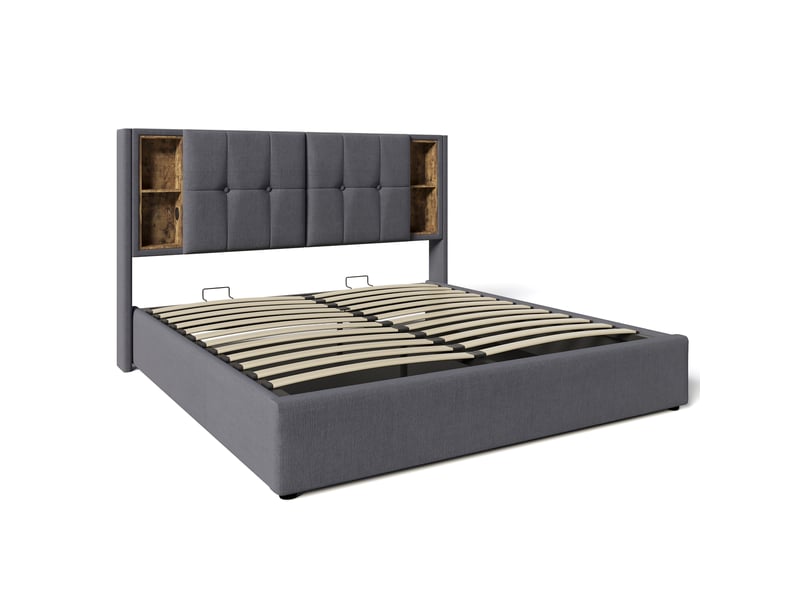  Lit coffre 160x200cm, 2 chevets, prend en charge la recharge sans fil usb-c, incluant un matelas, coton, gris  - Conforama R