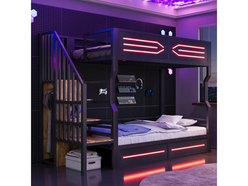 Lit mezzanine 90 × 200 cm lit enfant superposé avec espace de rangement et éclairage led,petit escalier intégré, barrière de sécurité haute,métal, noir evarich - Conforama D