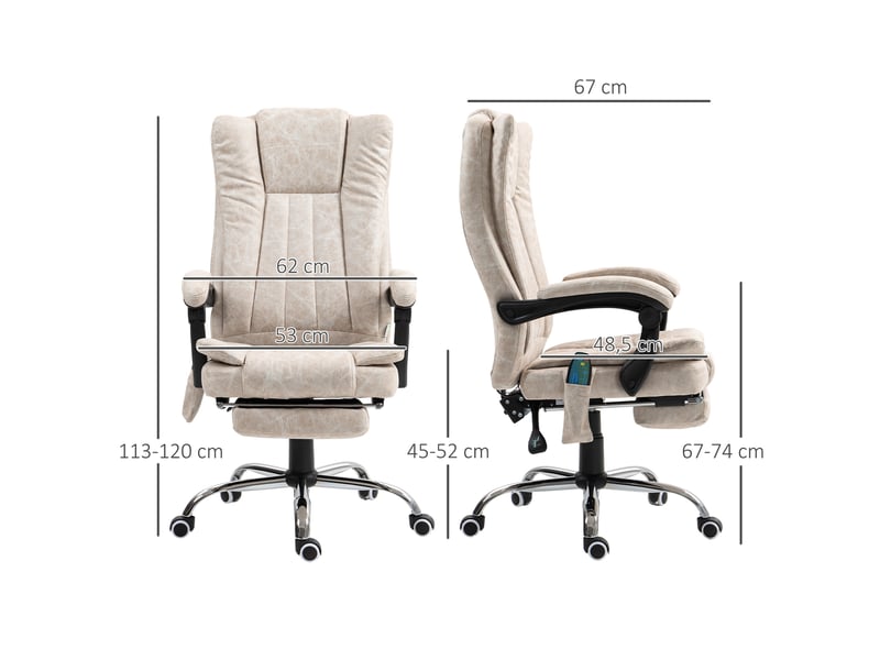  Fauteuil de bureau massant et chauffant avec hauteur réglable, repose-pied et télécommande, dossier inclinable, crème  - Conforama C