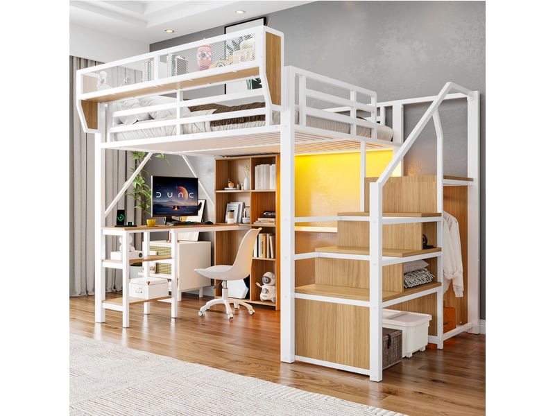  Lit mezzanine 140x200 cm, lit combiné, bureau intégré, escalier avec rangement, rangements intégrés, barrière de sécurité, éclairage led, métal blanc OPULERANE TRADING LTD - Conforama E