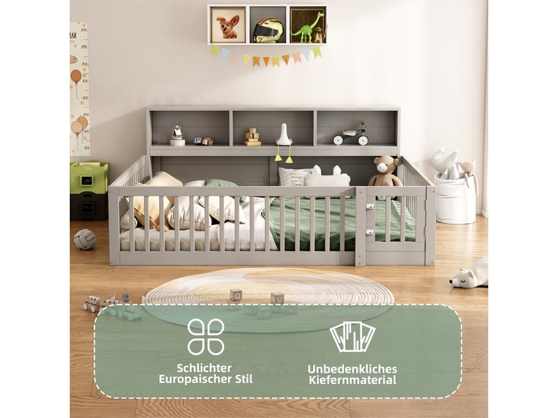  Lit de jour canapé-lit, 140 × 200 cm, gris, bois de pin, rangement intégré, sommier à lattes, sans matelas, garde-corps  - Conforama C