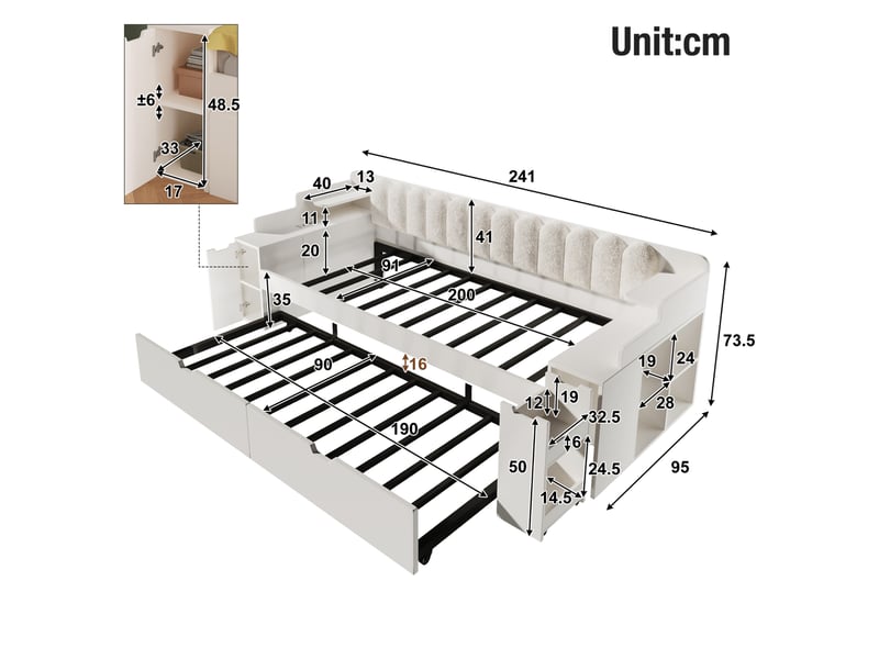  Lit gigogne 90x200 cm, lit jeune avec rangement, usb, mdf couleur blanc sans matelas, design moderne, confort optimal  - Conforama C
