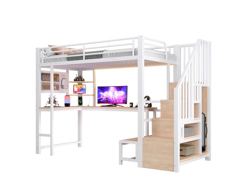  Lit mezzanine 90 × 200 cm 1 place avec bureau, led, usb et rangement, sans matelas, métal et mdf, blanc  - Conforama A