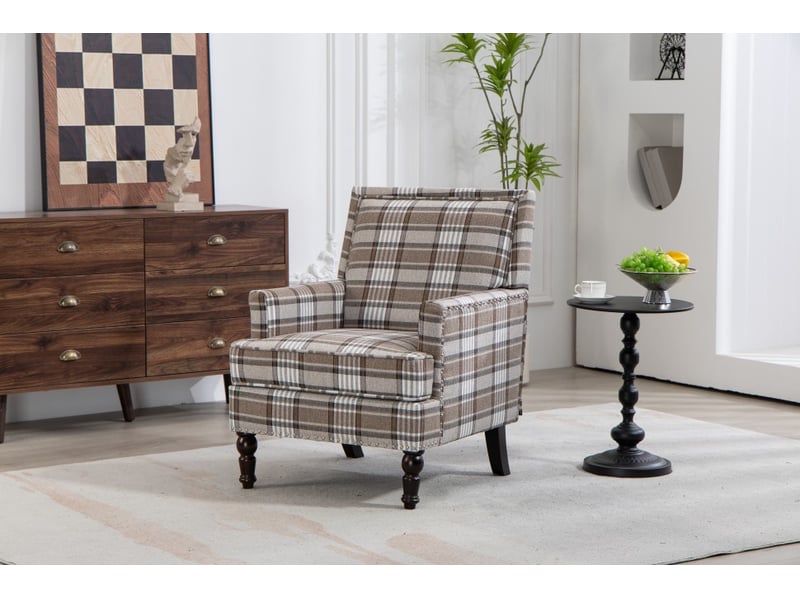  Fauteuil rembourré - 69x69x89 cm - finition clous et bois - style vintage luxe - tissu lin coton - rayures marron et blanc  - Conforama E
