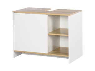 Meuble sous lavabo 77 x 45 x 60 cm, blanc et effet bois, découpe en u et rangements