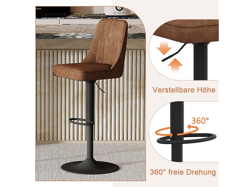  Lot de 2 tabourets de bar réglables,44x44 cm,tissu et métal noir,marron  - Conforama D