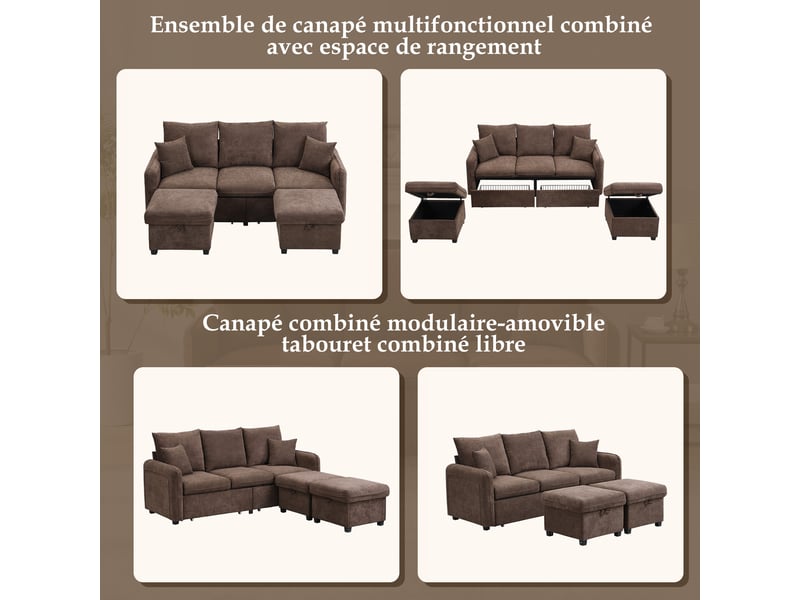 Canapé d'angle modulable 3 places en tissu chenille, 2 poufs à rangement, convertible en l ou en lit - Conforama D