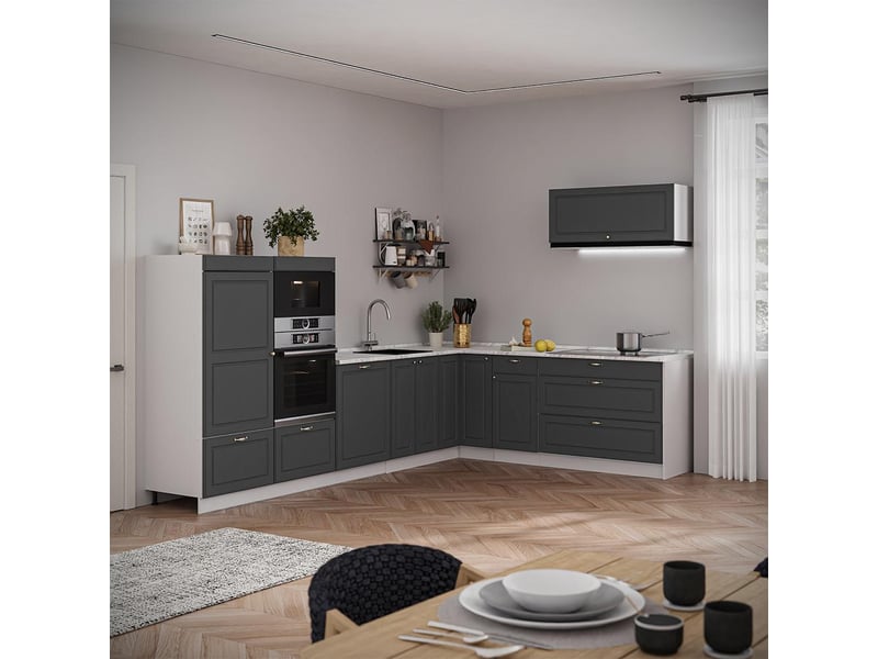 Vicco cuisine en angle, anthrazit-gold landhausblanc, 327x60cm, pt marbre - Conforama C