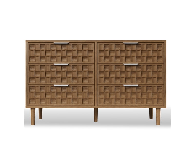 Commode 6 tiroirs 120x37x77 cm, commode de chambre et buffet bas de salon, meuble de rangement avec façades en relief, style mid-century - chêne  - Conforama A