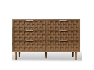 Commode 6 tiroirs 120x37x77 cm, commode de chambre et buffet bas de salon, meuble de rangement avec façades en relief, style mid-century - chêne