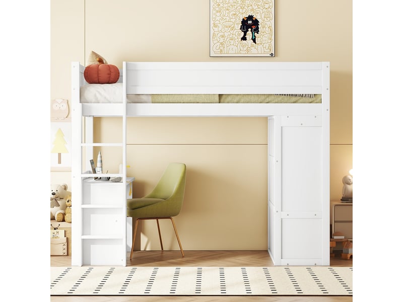 Lit mezzanine enfant 90 × 200 cm 1 place avec bureau, armoire, 2 tiroirs et étagères, sans matelas, en pin, blanc - Conforama C