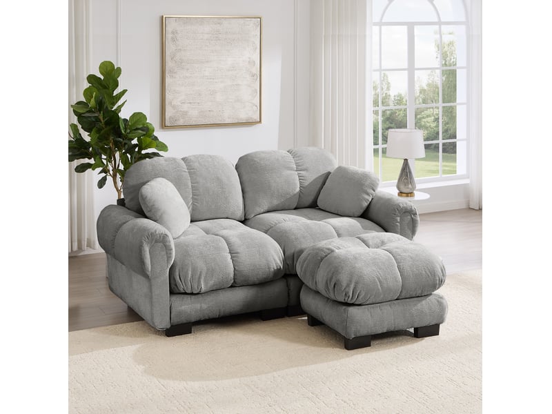 Canapé d'angle modulaire 2 places en tissu gris clair, avec ottomane mobile et coussins épais pour le salon - Conforama E