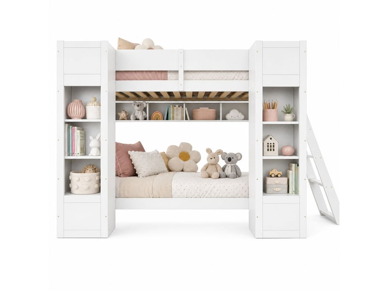 Lit superposé 90x200 cm, avec rangements et échelle réversible, en bois, blanc, sans matelas  - Conforama A