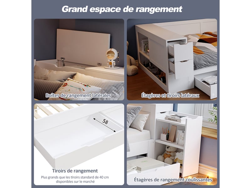 Lit enfant coffre 140x190 cm, tiroirs, étagères et rangements, lit ado multifonction en bois, sans matelas, blanc BUYDEEMEUS - Conforama E