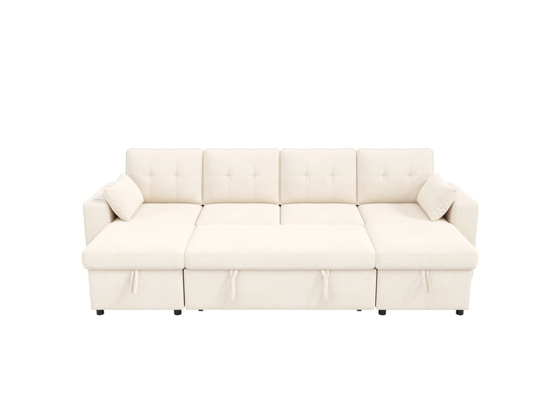 Canapé d'angle convertible en u 4 places 273 x 131 cm avec double méridienne, coffre de rangement, led et usb type-c - chenille beige  - Conforama A